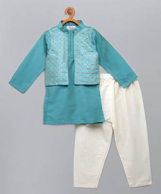 Blue printed cotton silk Boy's Kurta Pyjama 1