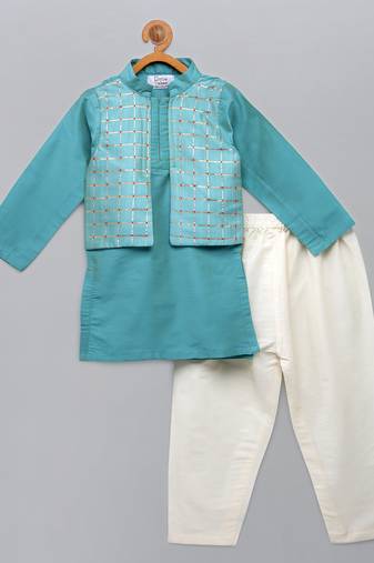 Blue printed cotton silk kurta pyjama