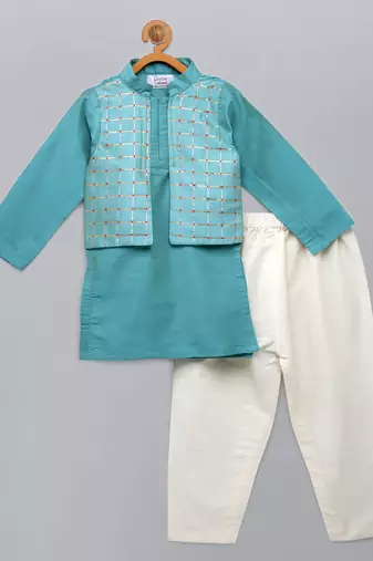 Blue printed cotton silk kurta pyjama