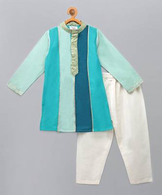 Blue printed cotton silk Boy's Kurta Pyjama 1