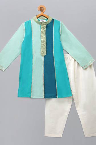 Blue printed cotton silk kurta pyjama