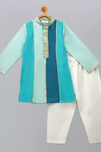 Blue printed cotton silk kurta pyjama