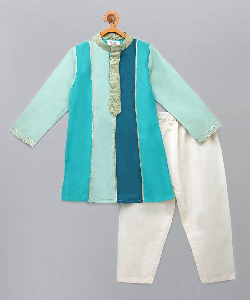 Blue printed cotton silk kurta pyjama