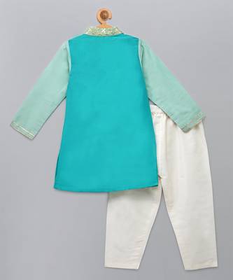 Blue printed cotton silk Boy's Kurta Pyjama 4