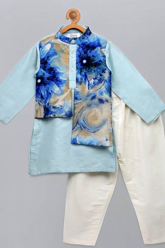 Blue printed cotton silk kurta pyjama