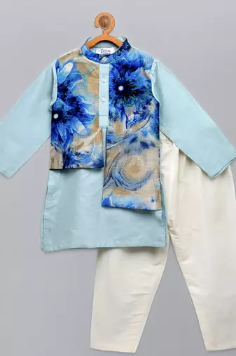 Blue printed cotton silk kurta pyjama