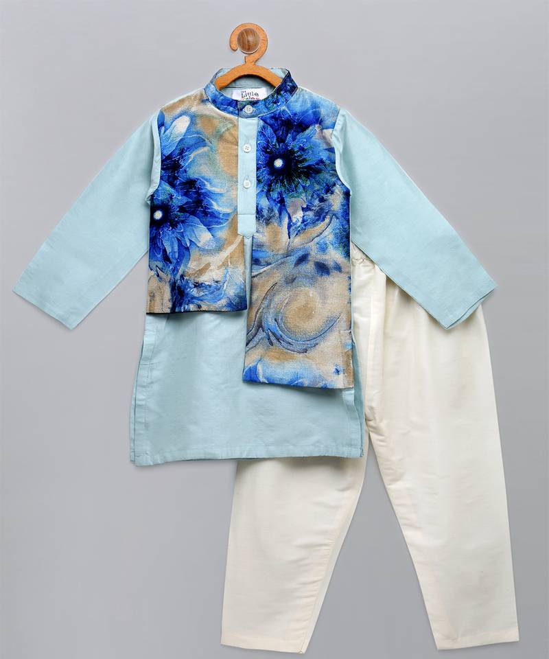 Blue printed cotton silk kurta pyjama