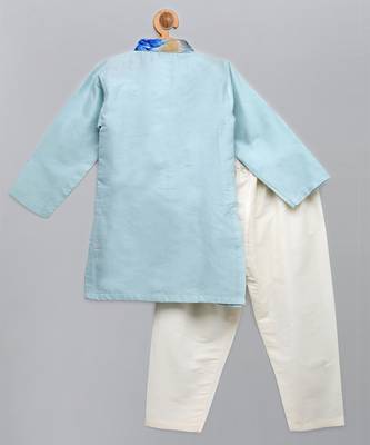 Blue printed cotton silk Boy's Kurta Pyjama 4
