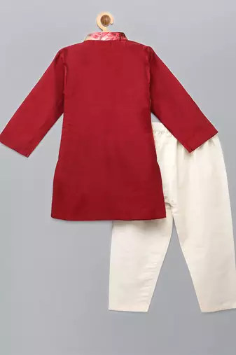 Red printed cotton silk Boy's Kurta Pyjama