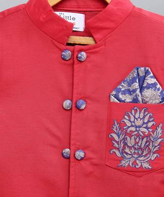 Red embroidered cotton silk Boy's Bandhgala and Pant 2