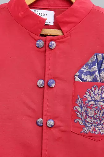 Red embroidered cotton silk Boy's Bandhgala and Pant