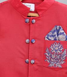 Red embroidered cotton silk bandhgala set