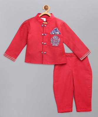 Red embroidered cotton silk Boy's Bandhgala and Pant 1