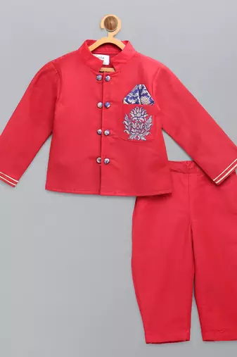 Red embroidered cotton silk bandhgala set