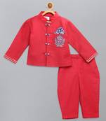 Red embroidered cotton silk bandhgala set