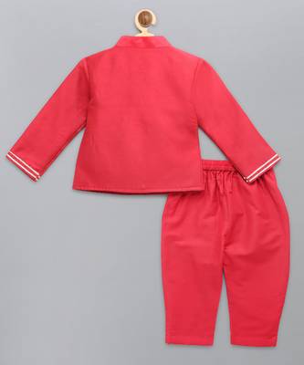Red embroidered cotton silk Boy's Bandhgala and Pant 5