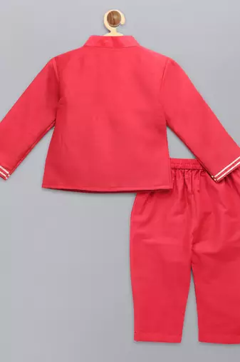 Red embroidered cotton silk Boy's Bandhgala and Pant