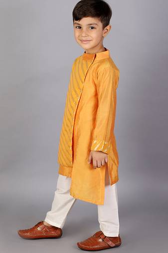 Yellow embroidered cotton silk kurta pyjama