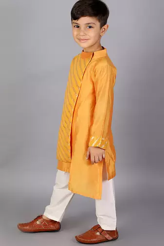 Yellow embroidered cotton silk kurta pyjama