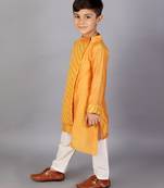 Yellow embroidered cotton silk kurta pyjama