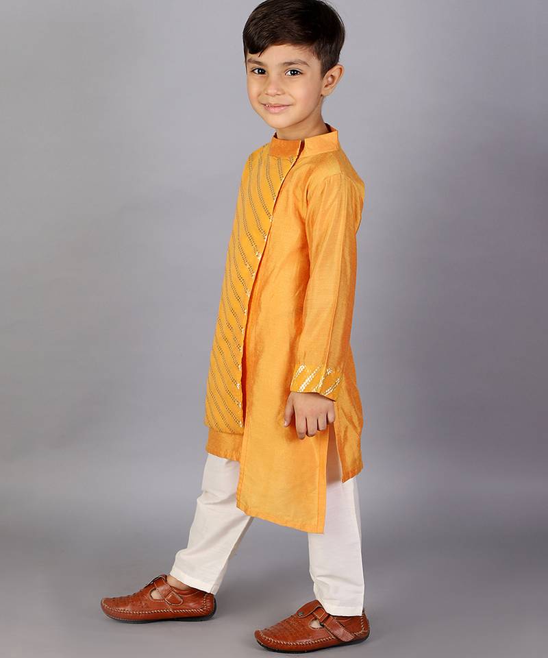 Yellow embroidered cotton silk kurta pyjama