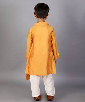 Yellow embroidered cotton silk Boy's Kurta Pyjama 2