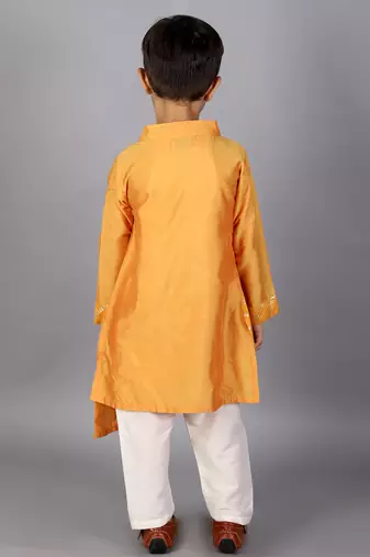 Yellow embroidered cotton silk kurta pyjama
