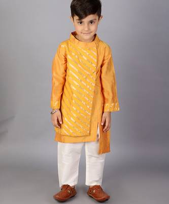 Yellow embroidered cotton silk Boy's Kurta Pyjama 3