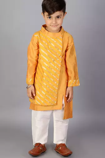 Yellow embroidered cotton silk kurta pyjama
