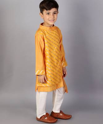 Yellow embroidered cotton silk Boy's Kurta Pyjama 4