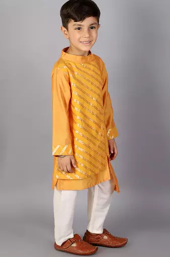 Yellow embroidered cotton silk kurta pyjama