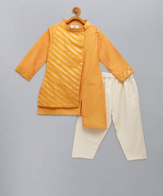 Yellow embroidered cotton silk Boy's Kurta Pyjama 5