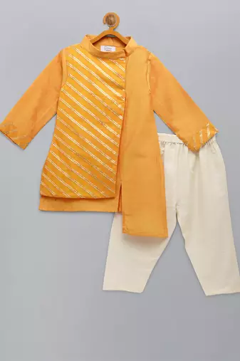 Yellow embroidered cotton silk kurta pyjama