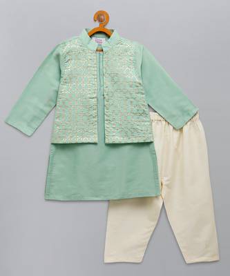 Green printed cotton silk Boy's Kurta Pyjama 1