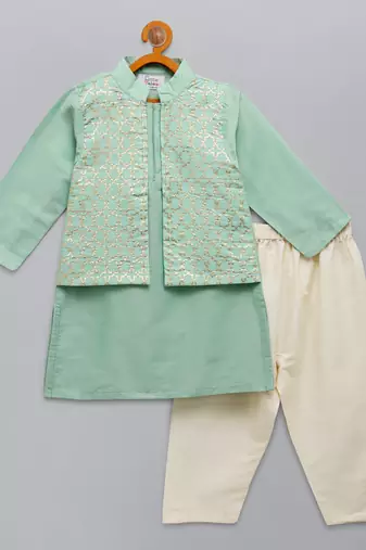 Green printed cotton silk kurta pyjama