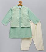 Green printed cotton silk kurta pyjama