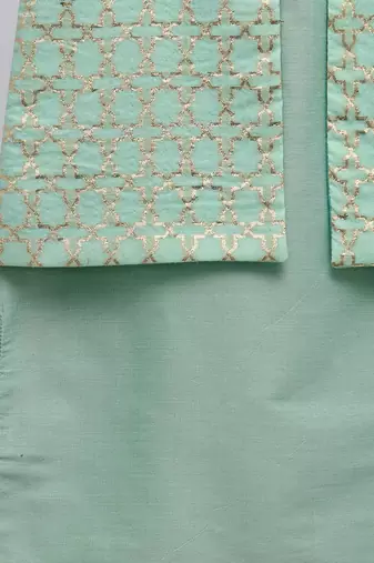 Green printed cotton silk kurta pyjama