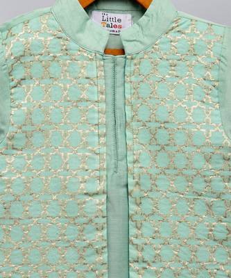 Green printed cotton silk Boy's Kurta Pyjama 3