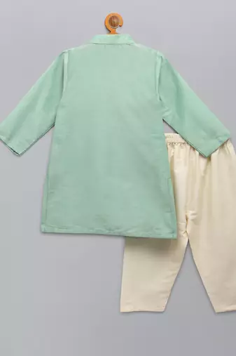 Green printed cotton silk kurta pyjama