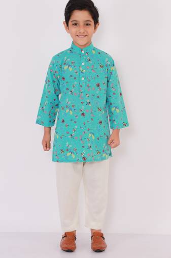 Blue printed cotton kurta pyjama