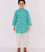 Blue printed cotton kurta pyjama