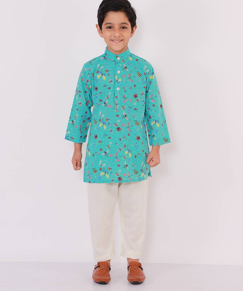 Blue printed cotton kurta pyjama
