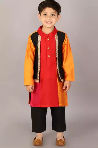 Multicolor embroidered cotton silk Boy's Kurta Pyjama
