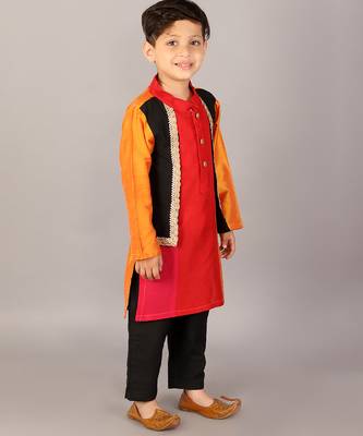 Multicolor embroidered cotton silk Boy's Kurta Pyjama 4