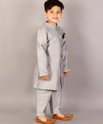 Grey printed cotton silk Boy's Sherwani Set 2