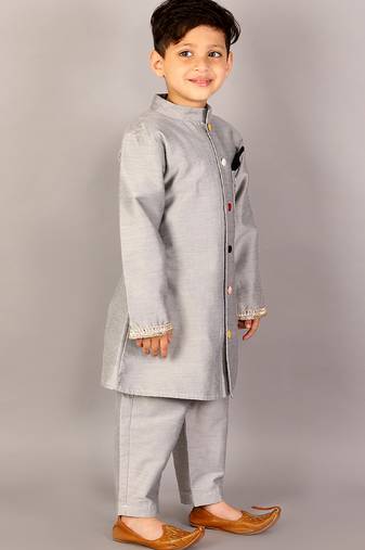 Grey printed cotton silk sherwani set