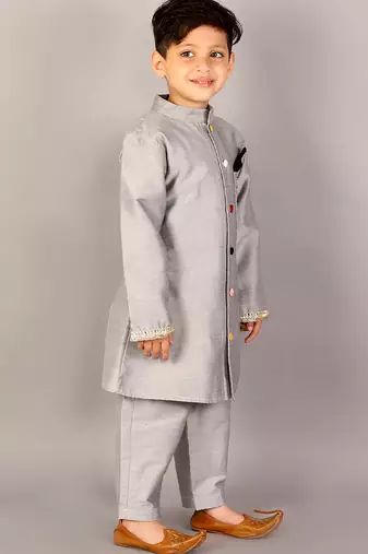 Grey printed cotton silk sherwani set
