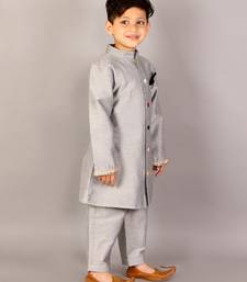 Grey printed cotton silk sherwani set