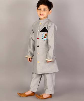 Grey printed cotton silk Boy's Sherwani Set 3