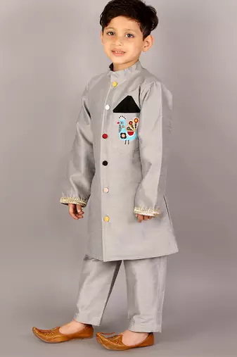Grey printed cotton silk sherwani set